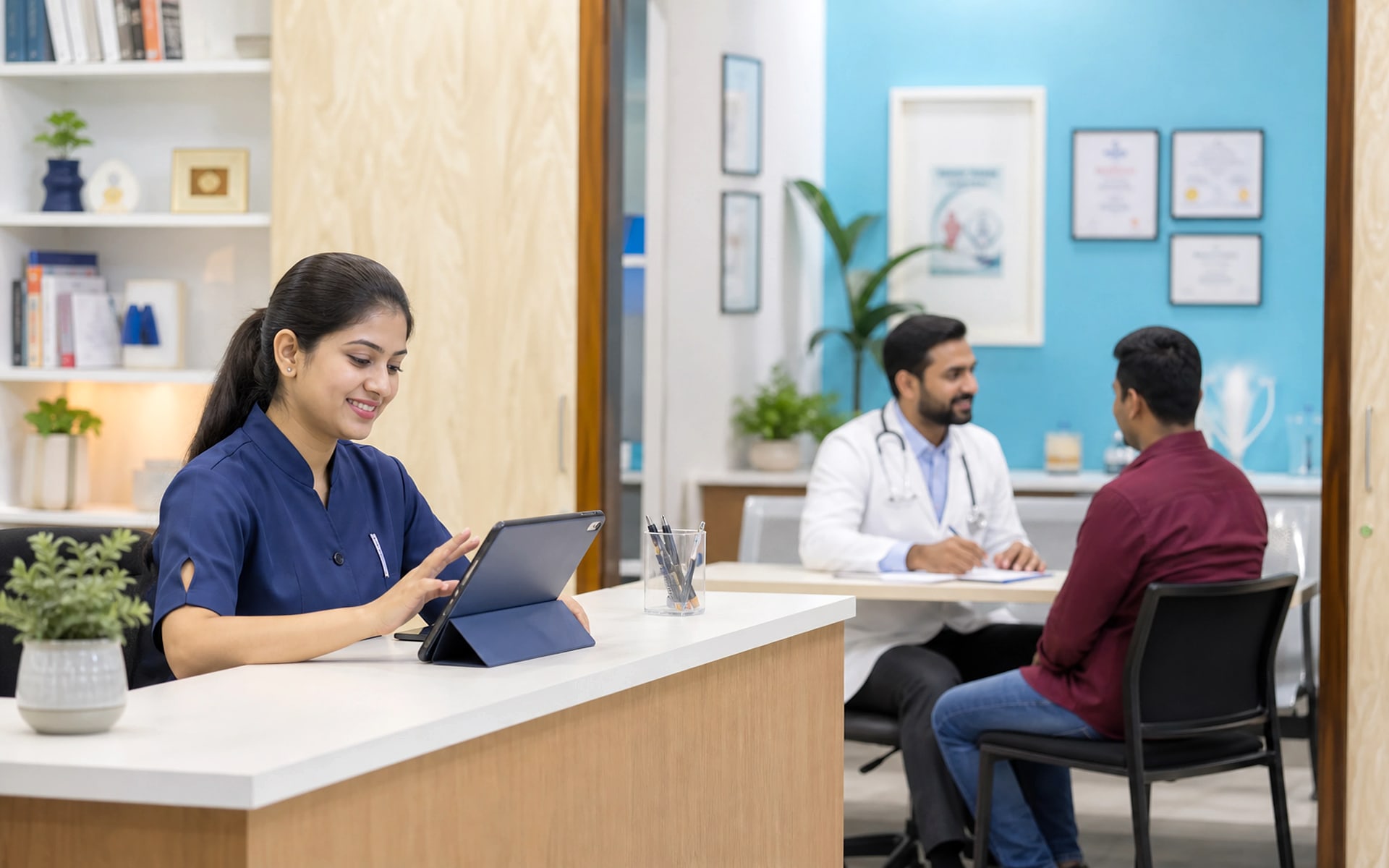 Doctor and receptionist using appointment and patient-record software in a modern clinic