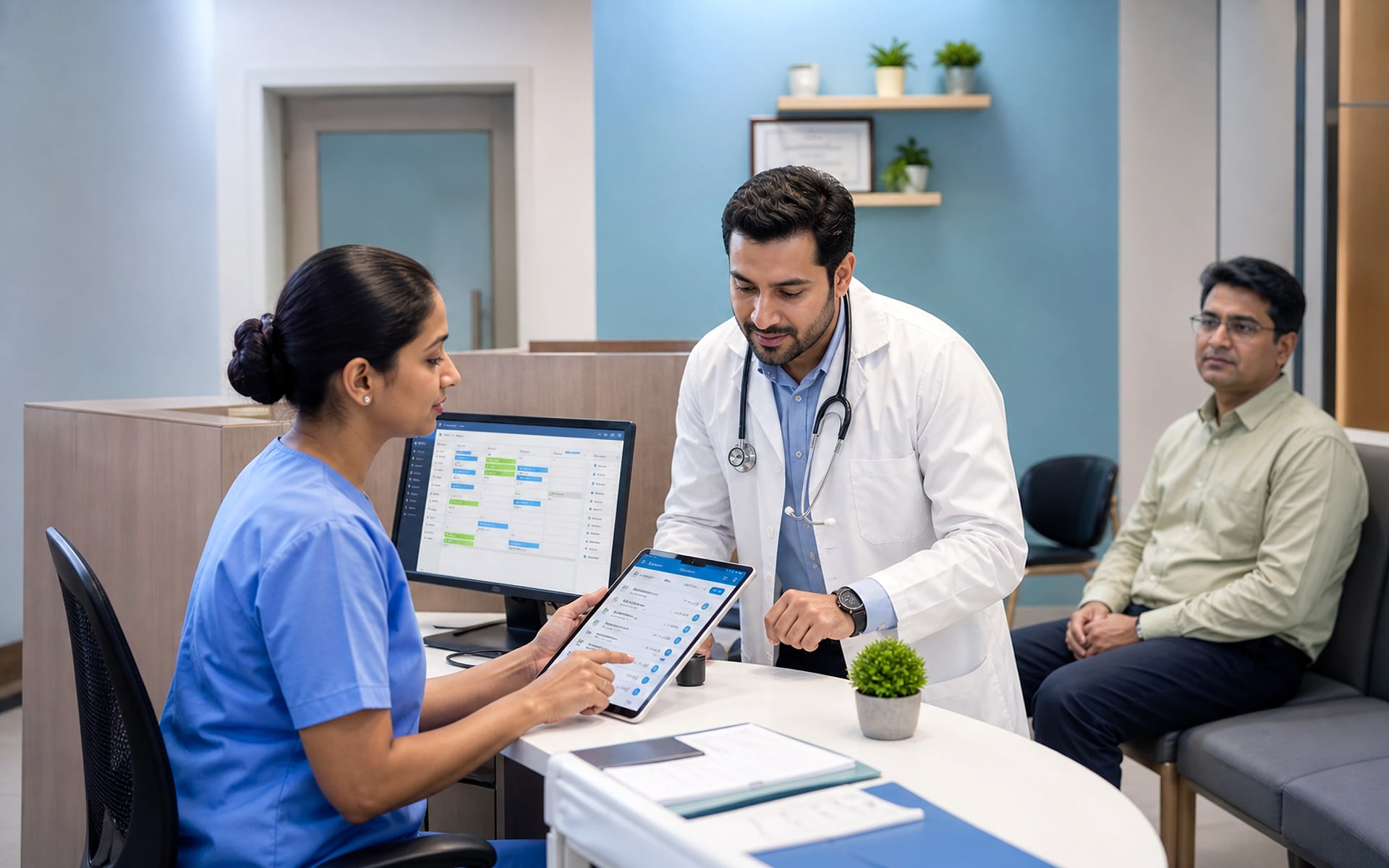 Doctor and receptionist using appointment and patient-record software in a clinic