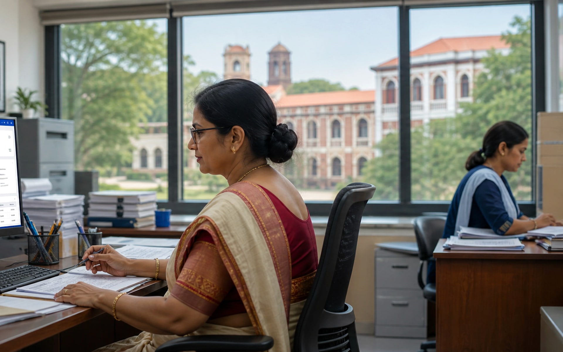 College staff managing admissions, examinations, and student information on a modern dashboard