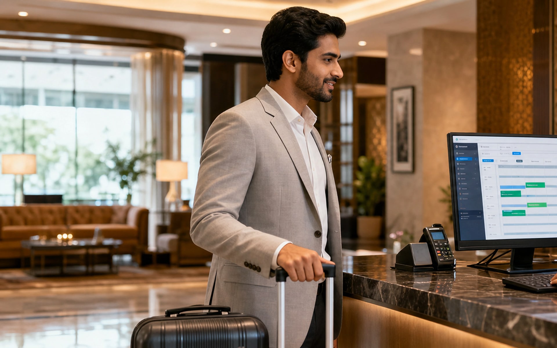 Hotel front desk manager using reservation and room management software