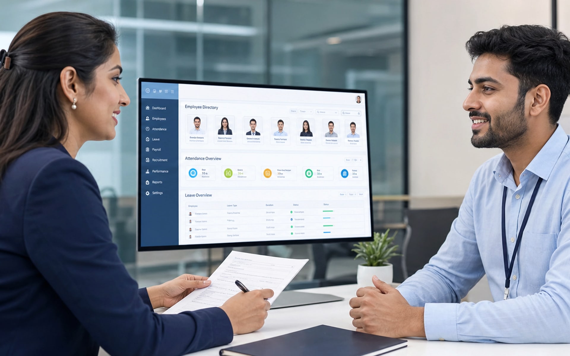 Polished HRMS employee directory and salary processing dashboard