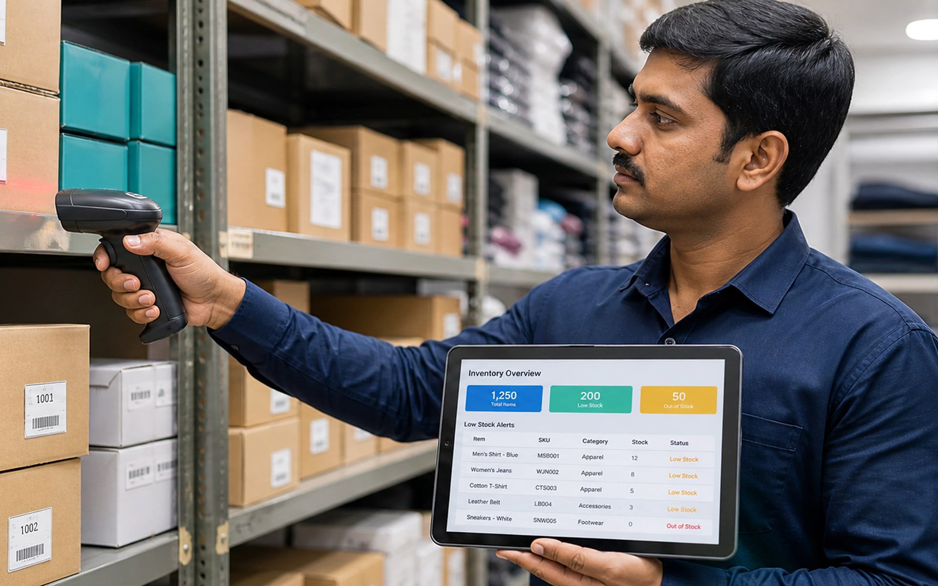 Operations manager checking warehouse inventory levels on tablet