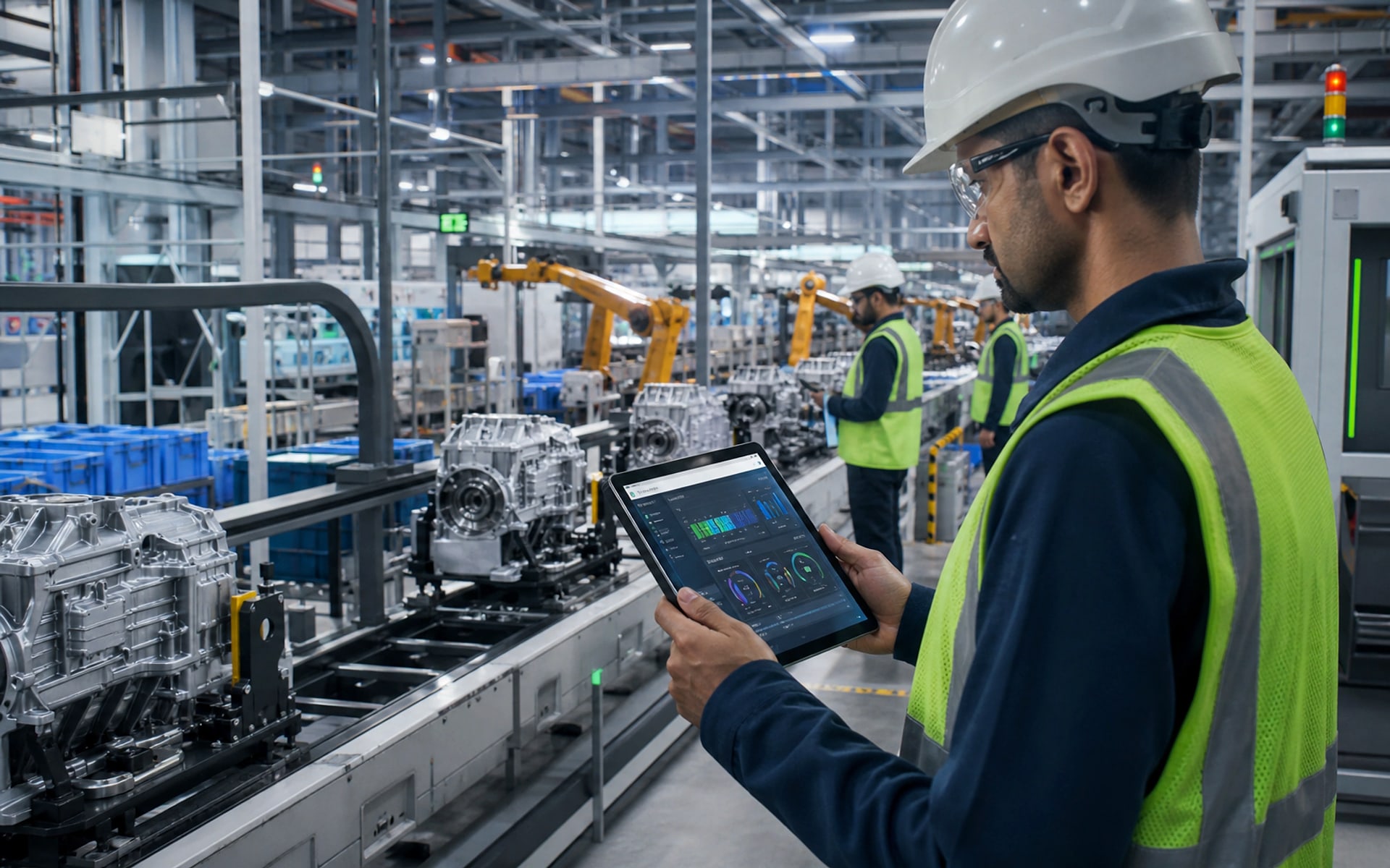 Manufacturing operations team reviewing production, inventory and procurement dashboards inside a modern facility