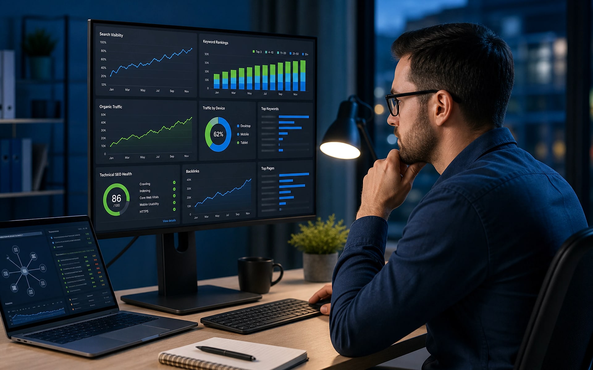 SEO analytics command center showing organic visibility, keyword opportunities and technical health