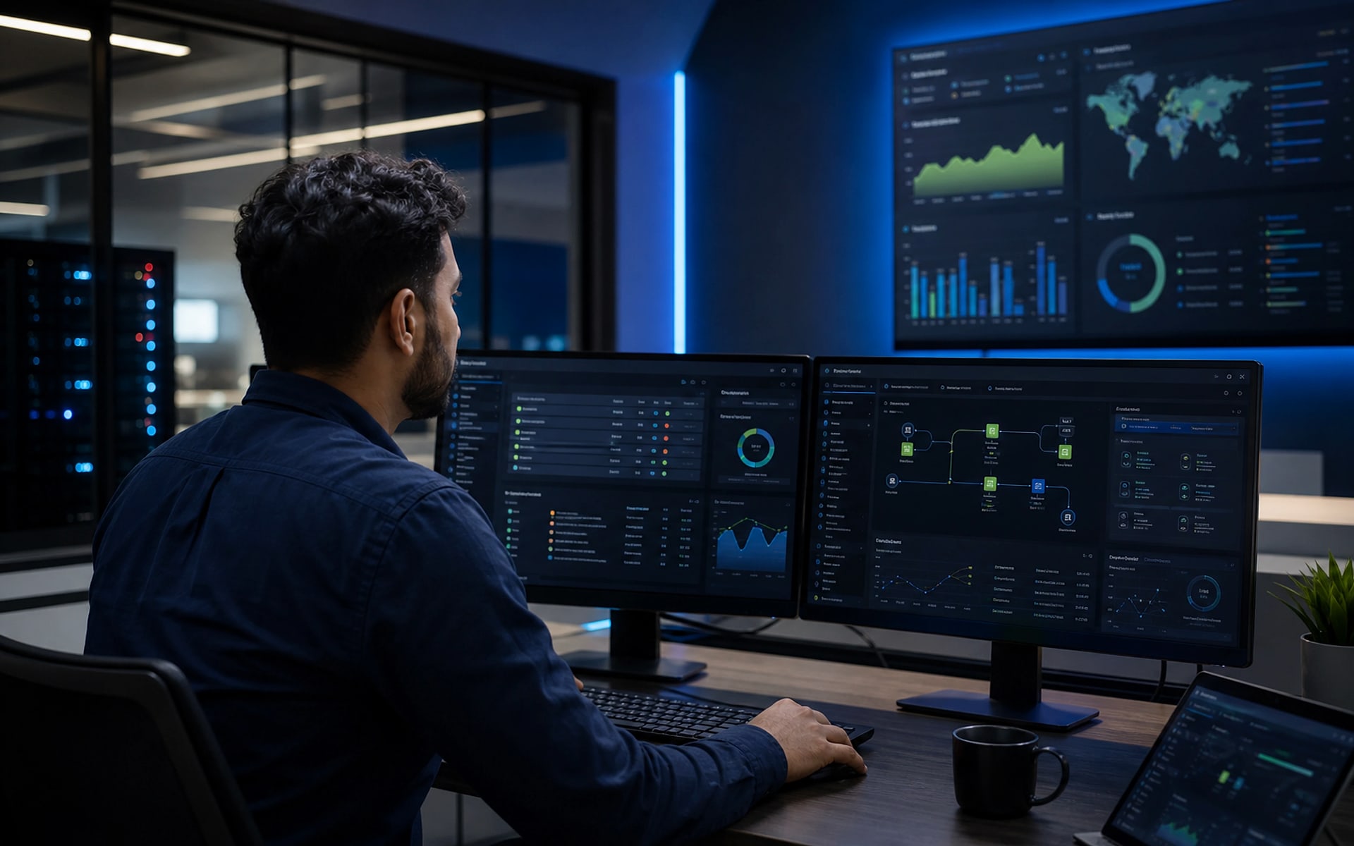 Operations center monitoring website uptime and server databases
